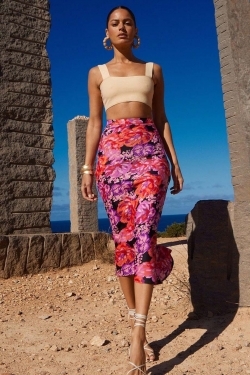 Renzo Satin Skirt in Red & Lilac Floral