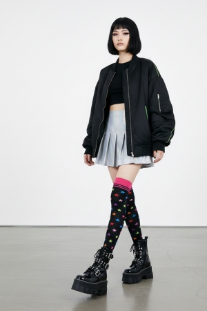 Multicolor Stars Overknee Socks in Black