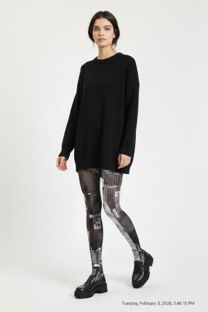Photographic Skyline Printed Tights in Black-White