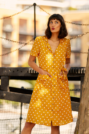 Polka Dot Print Shirt-Dress in Bright Mustard