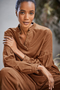 Poppie Organic Cotton Corduroy Frill Neck Top in Toffee Brown