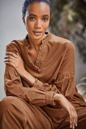 Poppie Organic Cotton Corduroy Frill Neck Top in Toffee Brown
