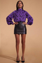 Margo Satin Blouse in Abstract Black Dot on Purple
