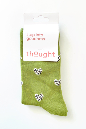 Leopard Heart Bamboo Organic Cotton Socks in Pea Green