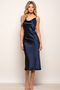 Satin Slip Cowl Neck Midi Dress in Navy