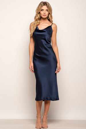 Satin Slip Cowl Neck Midi Dress in Navy