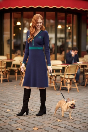 Navy Button Detail Knitted Dress