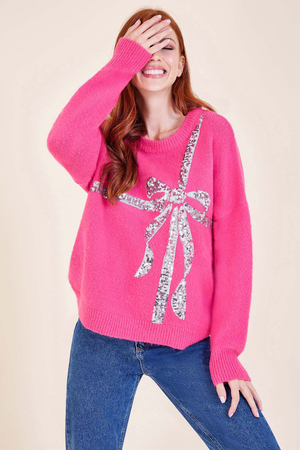 Silver Sequin Ribbon Sweater in Pink