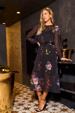 Floral Print Long Sleeve Dress in Black