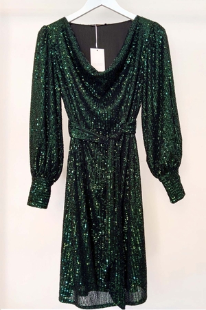 Zinia Sequin Cowl Neck Short Dress in Emerald Green