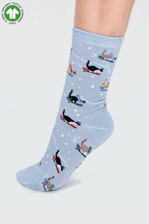 Skiing Penguins GOTS Organic Cotton Skiing Cat Socks in Foam Blue