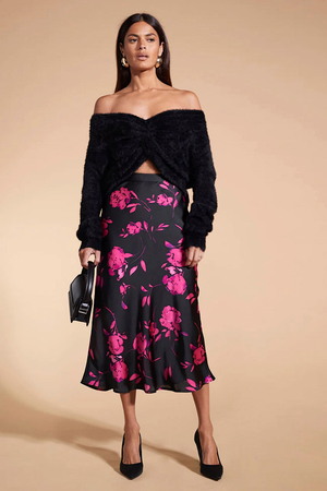 Lotus Satin Skirt in Pink Floral on Black