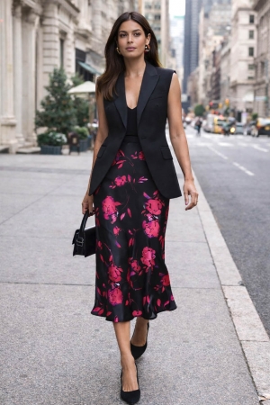 Lotus Satin Skirt in Pink Floral on Black