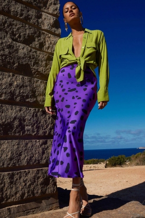 Renzo Satin Skirt in Abstract Dot Black on Purple