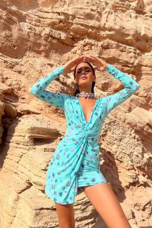 Raya Mini Dress in Turquoise Ditsy Floral