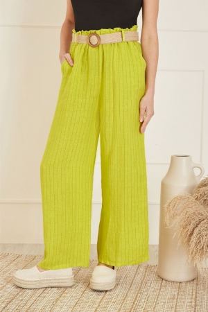 Striped Italian Washed Linen Wide-Leg Trousers in Lime
