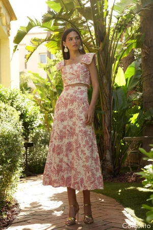 India Cotton Flower Print Top & Skirt in Red