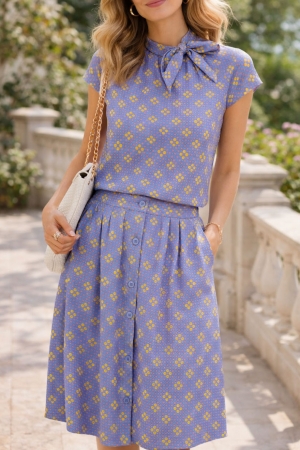 Polka Clusters Viscose Front Button Skirt in Colony Blue