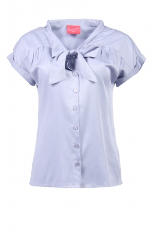 Pussy-Bow Viscose Button Blouse in Light Blue