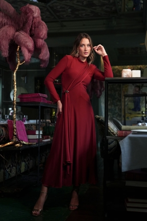 Manila Stretch Knit Gold Clasp Dress in Terracotta