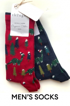 MENS Christmas Dinosaur 2 Organic Cotton Socks in Navy & Red