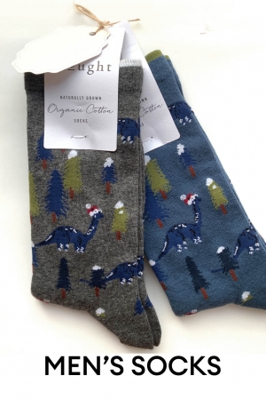 MENS Christmas Dinosaur 2 Organic Cotton Socks in Blue & Grey Marle