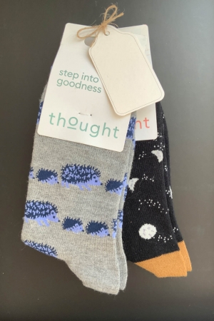Hedgehog and Moon Bamboo Socks in Grey & Black