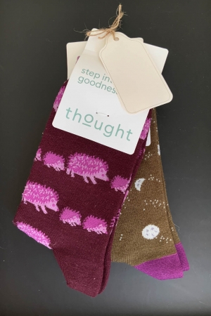 Hedgehog and Moon Bamboo Socks in Aubergine & Moss Green