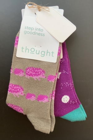 Hedgehog and Moon Bamboo Socks in Olive & Purple
