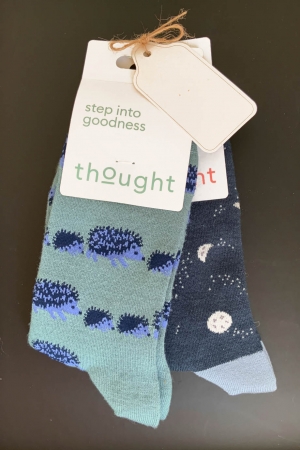 Hedgehog and Moon Bamboo Socks in Eucalyptus Blue & Slate Blue