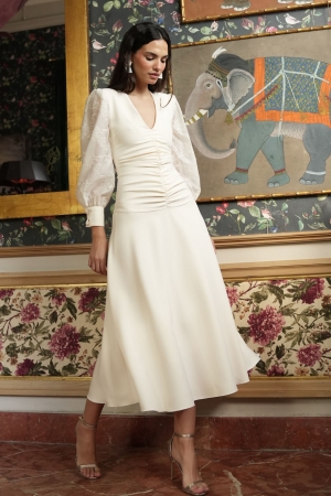 Mara Voile Embroidered Sleeve Dress in Ecru