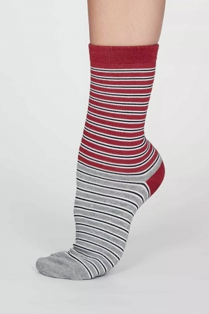 Isabel Double Stripe Bamboo Socks in Coral Red