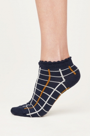 Contrast Check Bamboo Organic Cotton Ankle Socks in Dark Navy