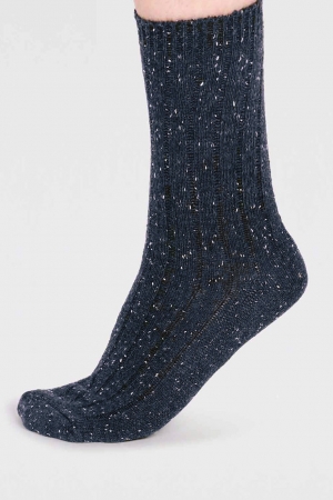 Ryleigh Ribbed Wool Blend Fleck Socks in Navy