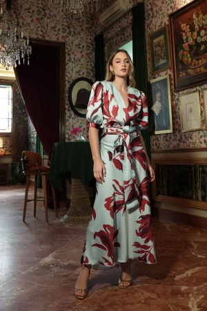 Lira Satin Dress in Light Blue and Burgundy