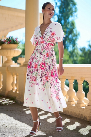 Pink Lilac Floral Viscose Midi Dress in White