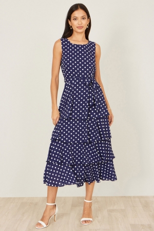 Polka Dot Ruffle Midi Dress in Navy