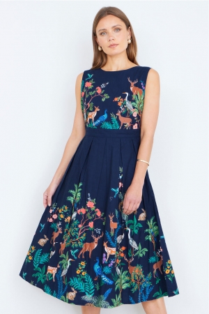Woodland Animal Cotton Dress in Navy