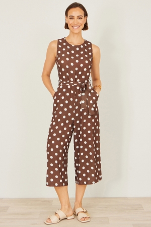Polka Dot Culotte Jumpsuit in Brown