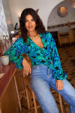 Joanie Tie Button Blouse in Blue Green Floral
