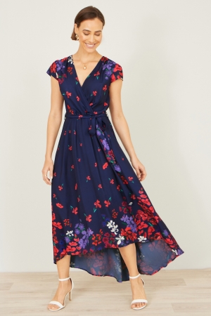 Blossom Wrap High-Low Dress in Navy