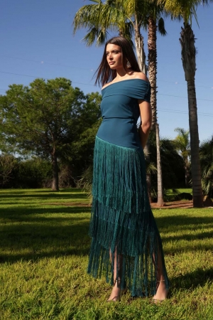 Ayla Bardot Neckline Fringe Dress in Teal
