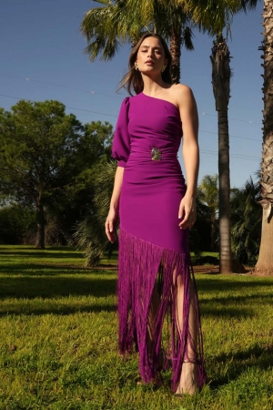 Mafe Asymmetrical Gold Detail Fringe Dress