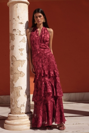 Ibiza Chiffon Devoré Ruffle Dress in Terracotta