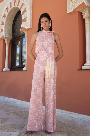 Set Leo Embroidery Fringe Top & Trousers in Nude