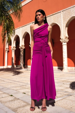 Eva Asymmetrical Draped Jersey Dress in Buganvilla