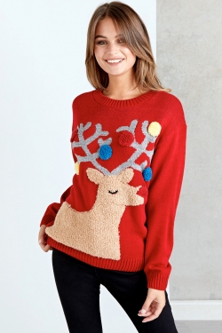 Christmas Pom-Pom Reindeer Sweater
