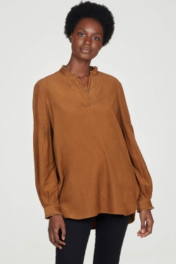 Poppie Organic Cotton Corduroy Frill Neck Top in Toffee Brown