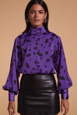 Margo Satin Blouse in Abstract Black Dot on Purple