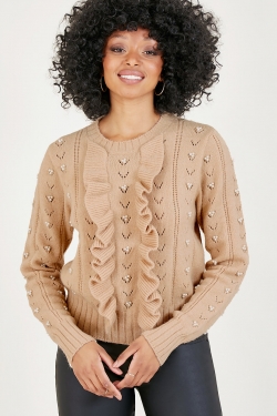 Pearl and Frill Cropped Knitted Blouse in Camel